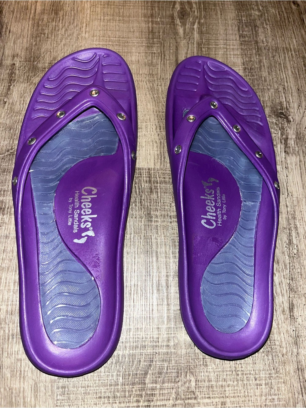 Tony Little Cheeks Purple Health Sandals Flip Flops Rhinestone Size 11 EUC